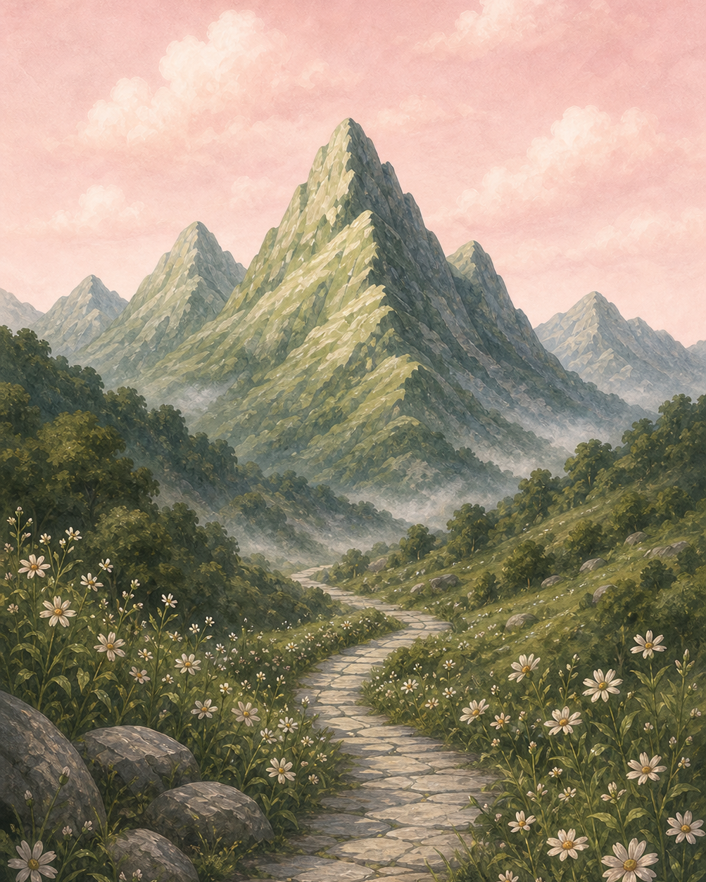 A flower-lined path leading toward a mountain beneath a blush sky